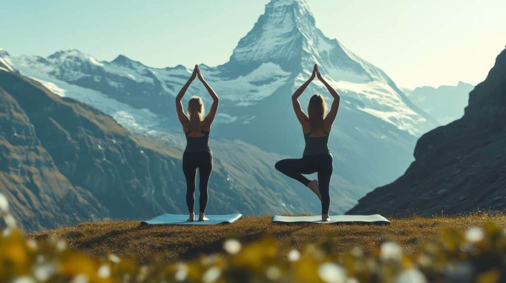 2 femmes faisant du yoga à la montagne